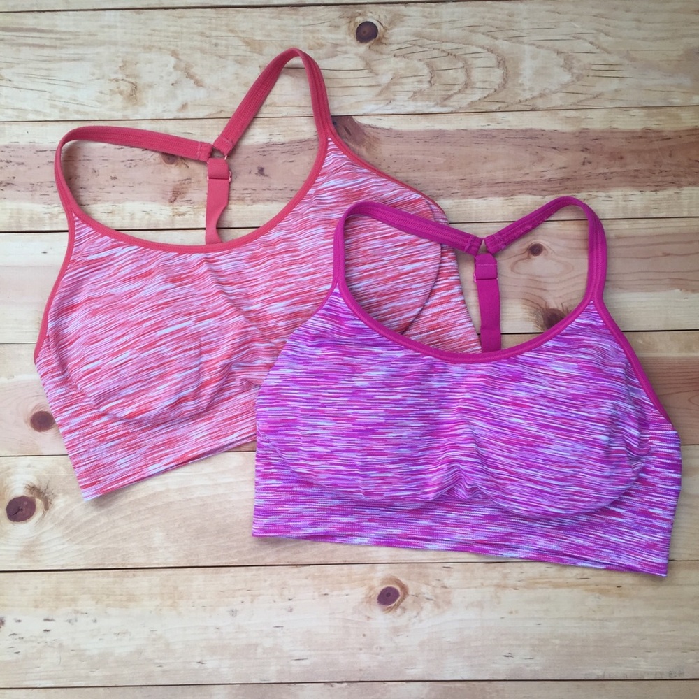 2 Sports bras, sz L, orange & pink/purple